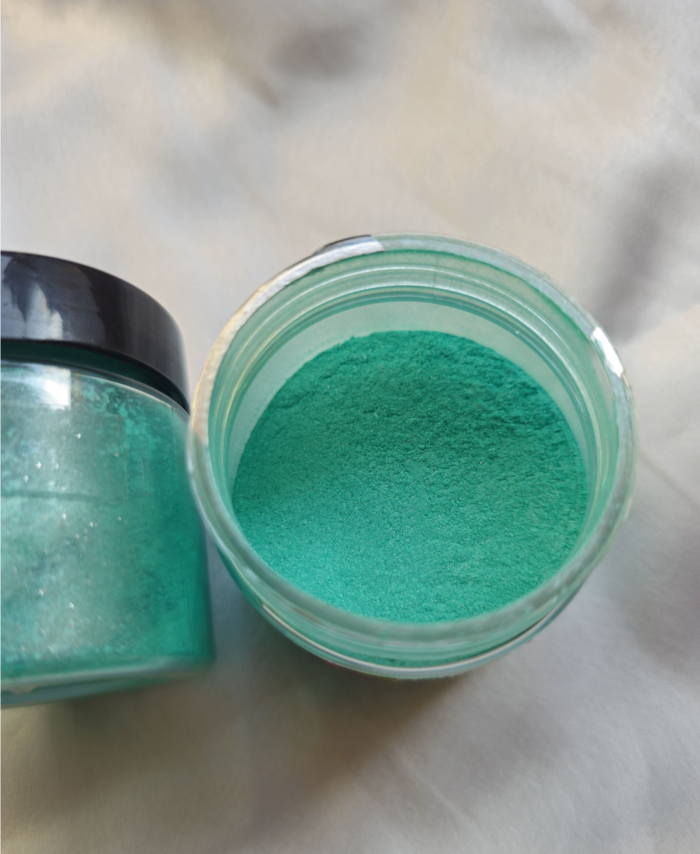 Aquamarine Pearl Mica Powder Pigment jar for resin art, epoxy, soap and candle making—vibrant metallic Aquamarine pigment