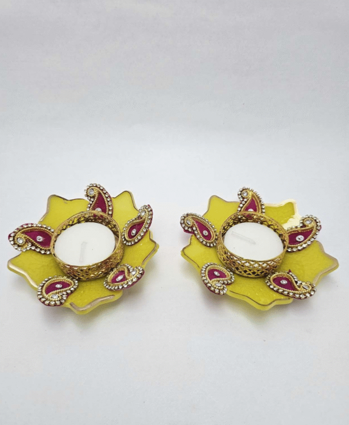 Red Floral Decorative Candle Holder with Golden Paisley Design