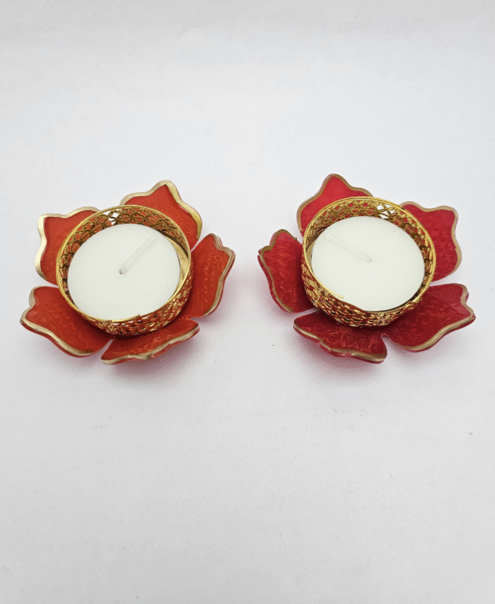 Peach Lotus Shaped Decorative Tealight Diya with Golden Metal Holder
