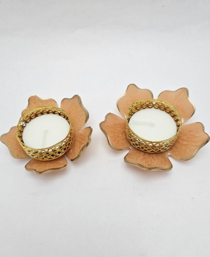 Peach Lotus Shaped Decorative Tealight Diya with Golden Metal Holder
