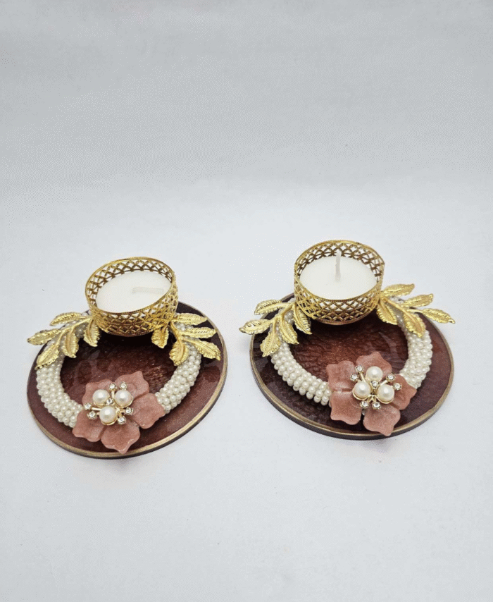 Brown Round Tealight Diya with Pearl and Flower Decoration & Golden Leaf Design