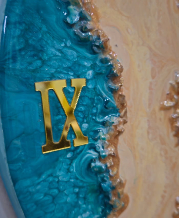 Luxury turquoise resin clock with golden Roman numerals