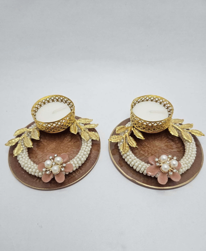 Brown Round Tealight Diya with Pearl and Flower Decoration & Golden Leaf Design