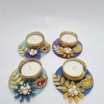 Decorative Diya Set of 4 – Handmade Tealight Holder with Pearls & Golden Design
