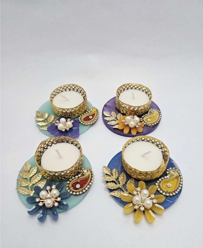 Decorative Diya Set of 4 – Handmade Tealight Holder with Pearls & Golden Design