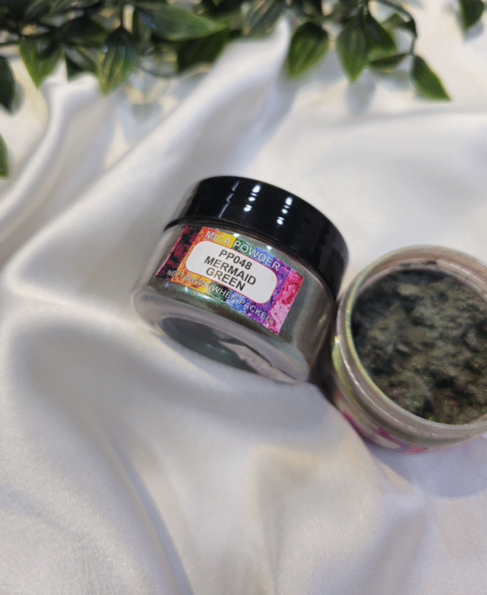 Mermaid Green Pearl Mica Powder Pigment jar for resin art, epoxy, soap and candle making—vibrant metallic Green pigment