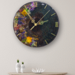 Handmade resin wall clock with real preserved flowers and golden Roman numerals