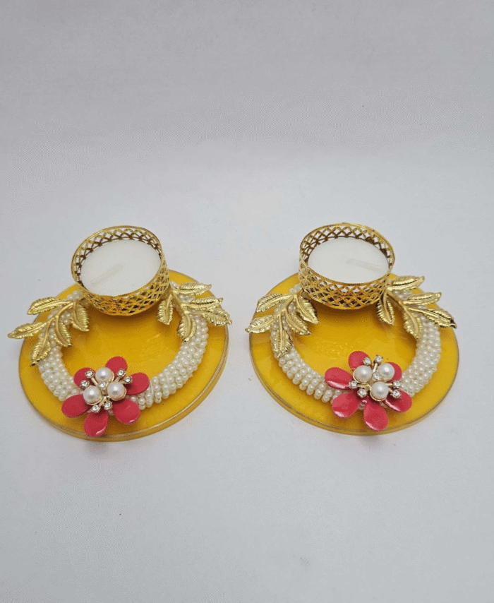 Yellow Round Tealight Diya with Pearl and Flower Decoration & Golden Leaf Design