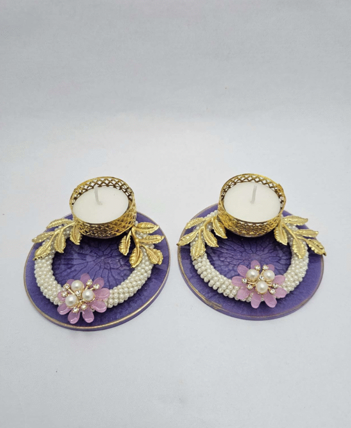 Blue Round Tealight Diya with Pearl and Flower Decoration & Golden Leaf Design