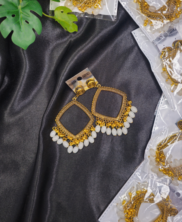 Golden Square White Jhumka Bezel