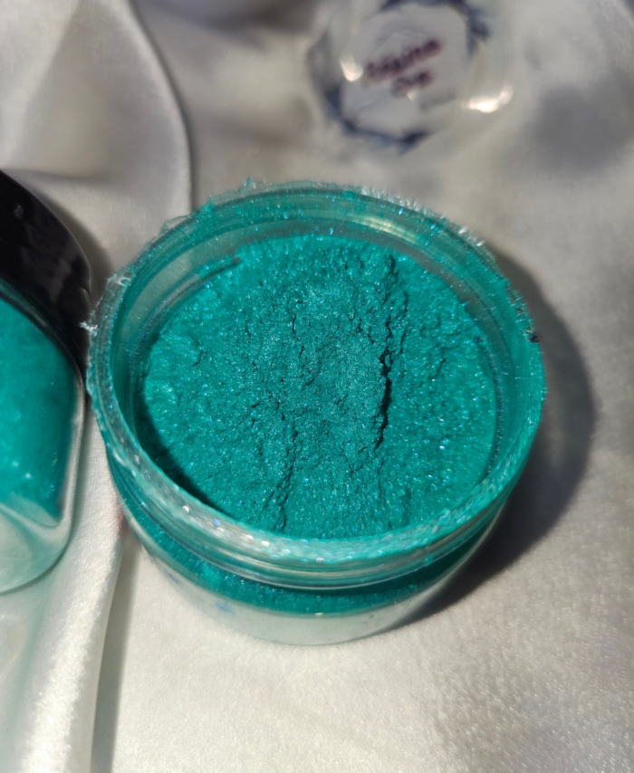 Green Blue Pearl Mica Powder Pigment jar for resin art, epoxy, soap and candle making—vibrant Green Blue pigment