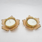 Peach Lotus Shaped Decorative Tealight Diya with Golden Metal Holder