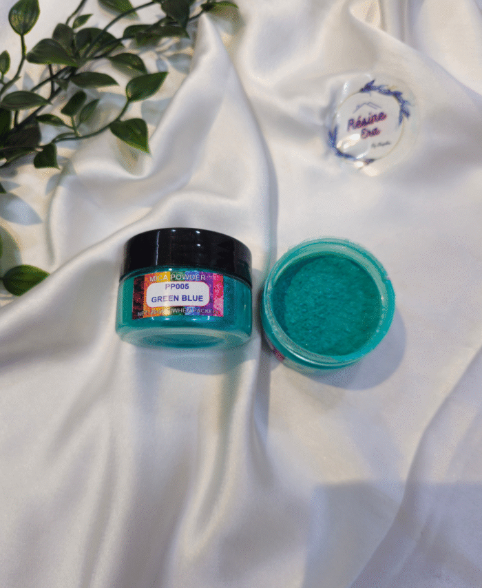 Green Blue Pearl Mica Powder Pigment jar for resin art, epoxy, soap and candle making—vibrant Green Blue pigment