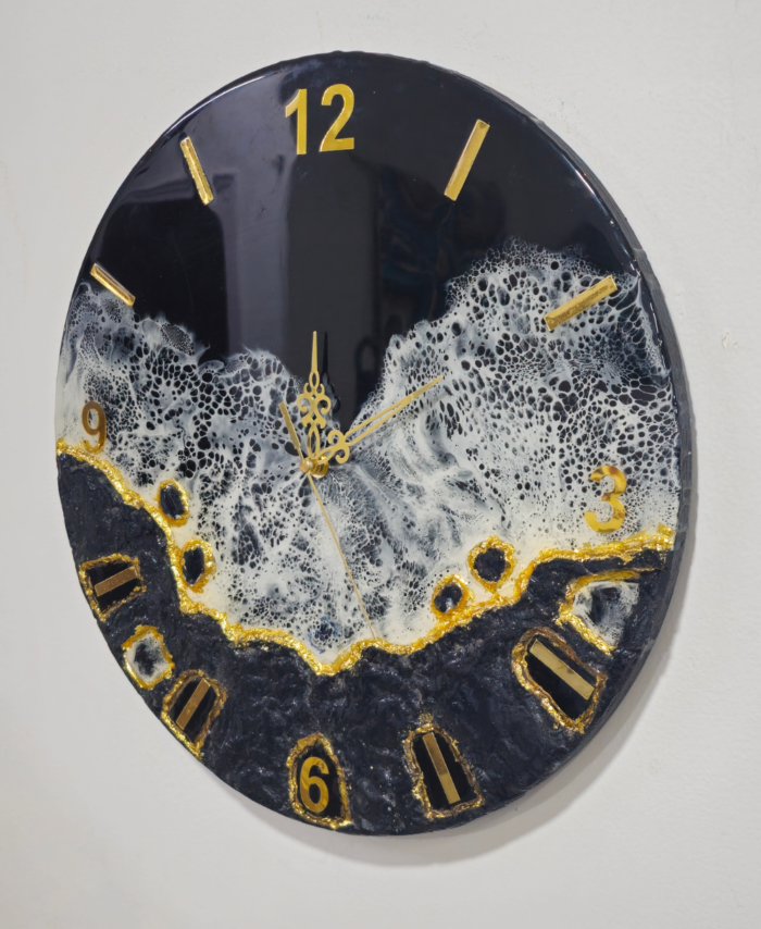 Handmade resin art clock with black and white waves