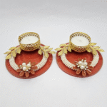 Red Round Tealight Diya with Pearl and Flower Decoration & Golden Leaf Design