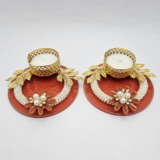 Red Round Tealight Diya with Pearl and Flower Decoration & Golden Leaf Design