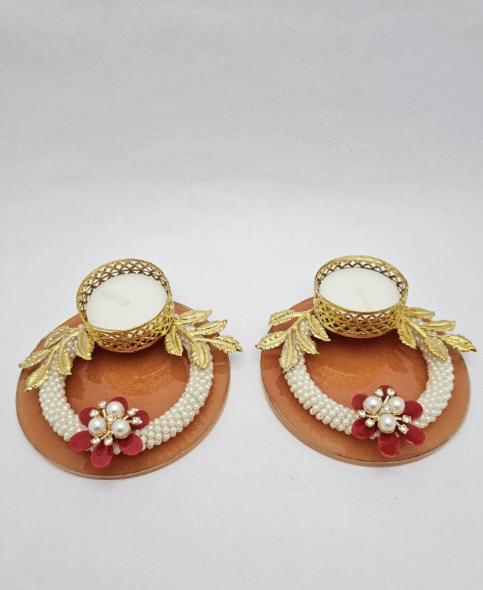 Red Round Tealight Diya with Pearl and Flower Decoration & Golden Leaf Design