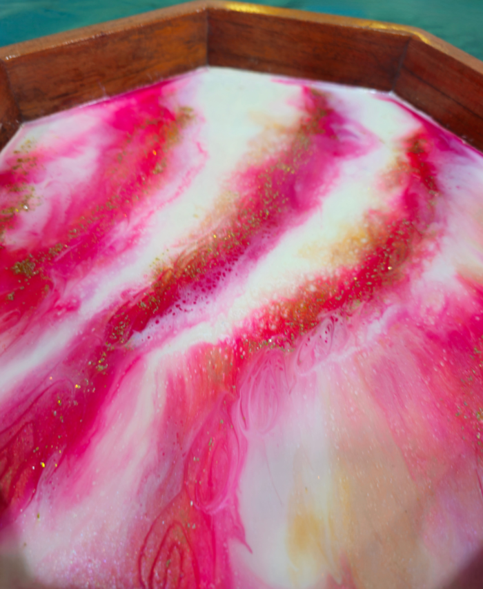 Handmade Octagon Resin Tray with Pink, White, and Gold Wave Design