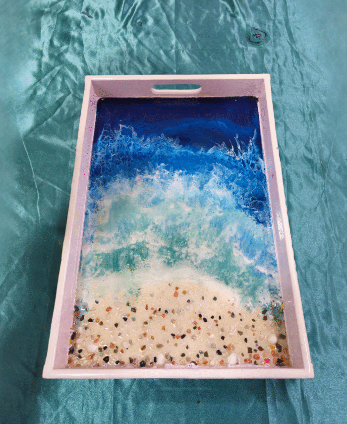 Handmade Rectangular Resin Tray with Ocean Waves and Sandy Beach Design