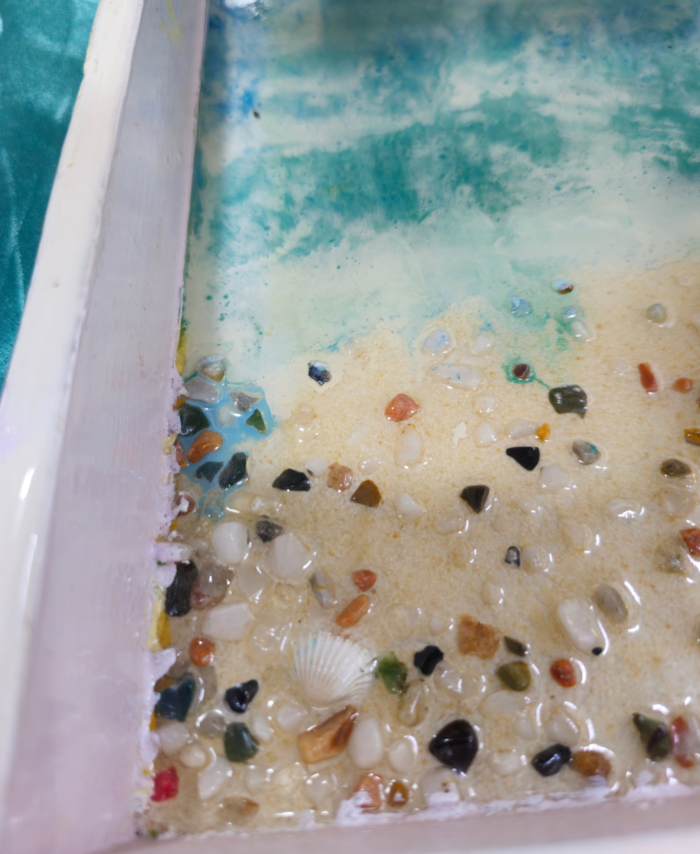 Handmade Rectangular Resin Tray with Ocean Waves and Sandy Beach Design
