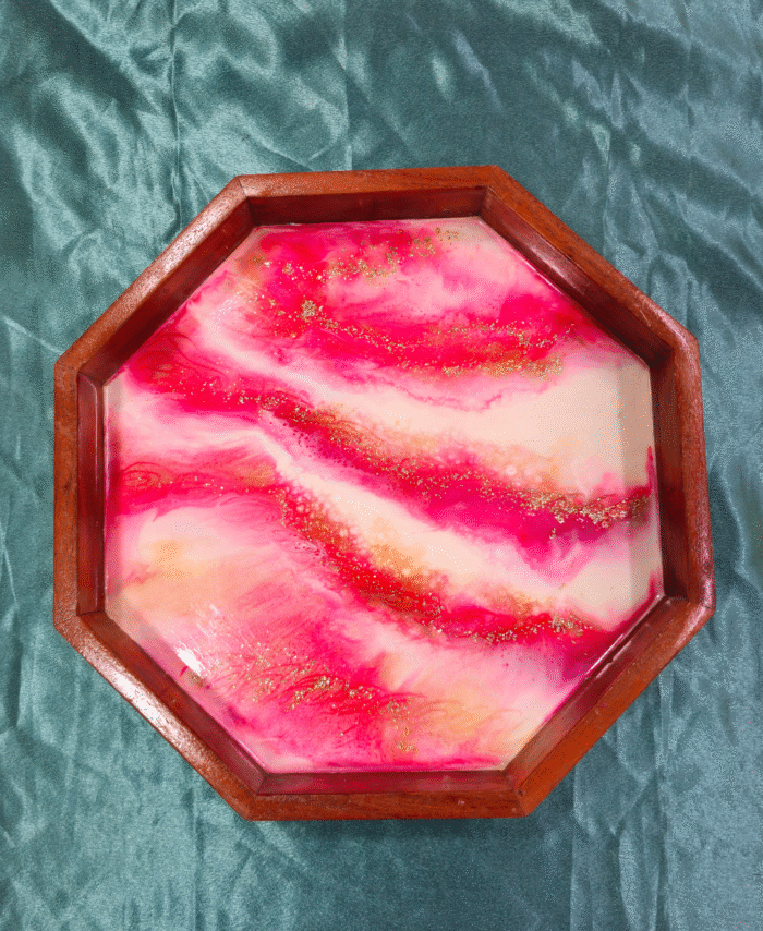 Handmade Octagon Resin Tray with Pink, White, and Gold Wave Design