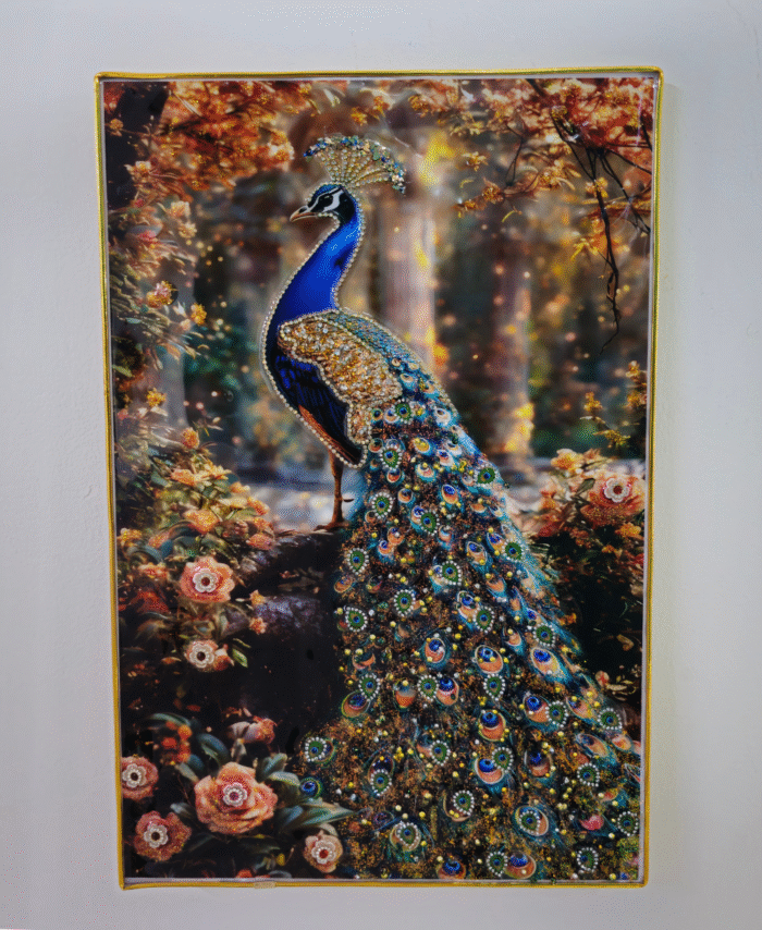 Luxury 3D Peacock Photo Frame with golden accents and vibrant wall art design