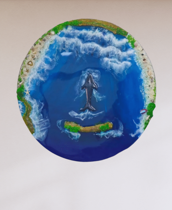 Handmade Ocean Resin Wall Art with Whale, featuring 3D ocean waves and shoreline design