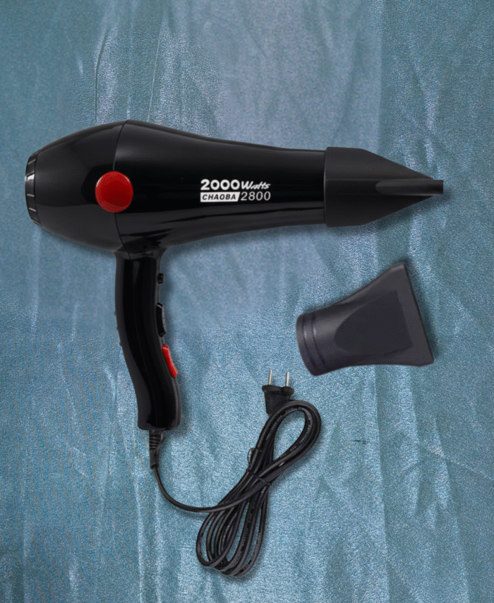 Black Chaoba 2800 professional 2000-watt hair dryer with nozzle attachment and power cord on a blue background.