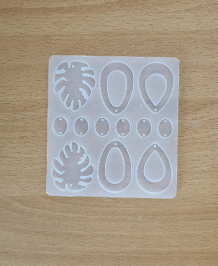 Silicone earring mould sheet with monstera leaf, oval, teardrop and small round shapes