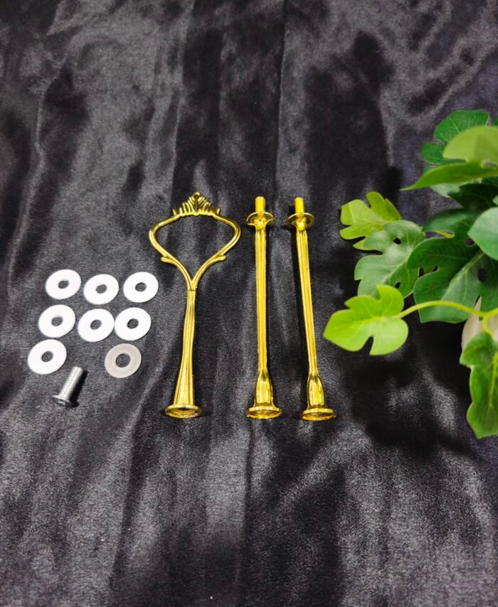 Gold cake stand hardware set with handle, rods, screws, and washers for resin and DIY cake stand making