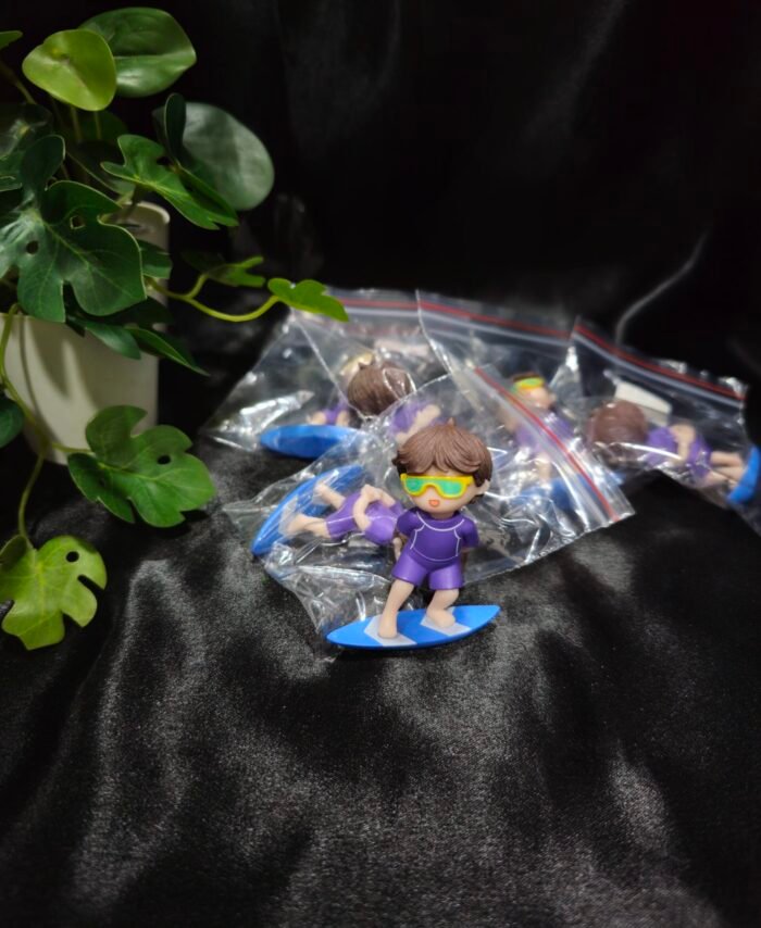 Miniature surfing boy figurine with surfboard for resin art and craft decoration