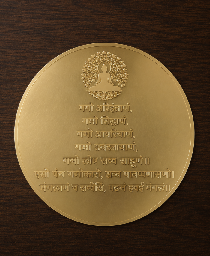 Premium golden acrylic Jain mantra frame with engraved spiritual text—perfect for home décor, temples, meditation spaces, and resin art creations.
