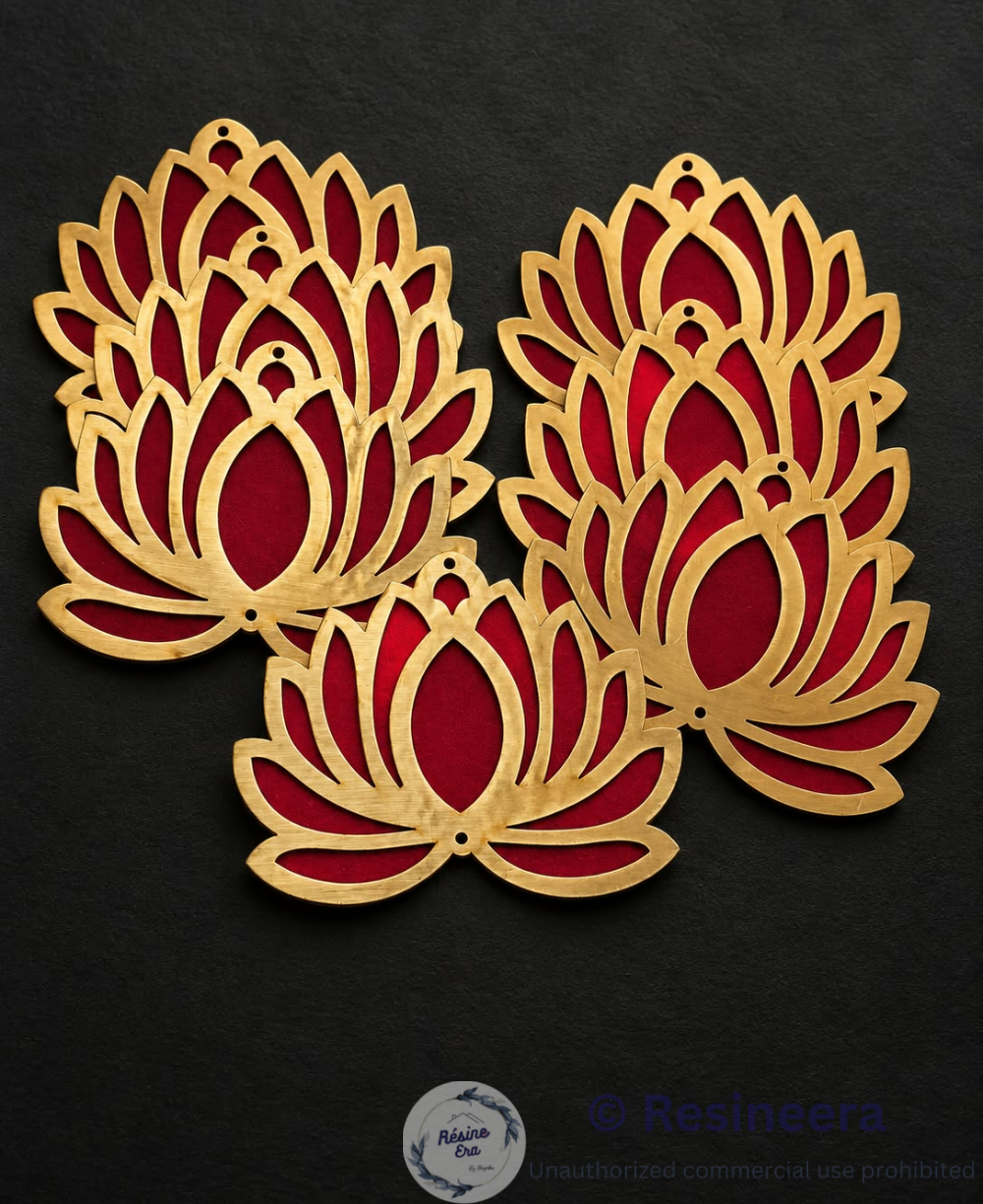 Red Lotus Cut out A Red and metallic acrylic lotus-shaped décor piece placed on a soft fabric background.