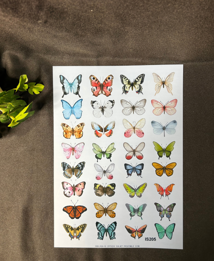 Colourful butterfly designs printed on a transparent A4 sheet for craft and resin art use