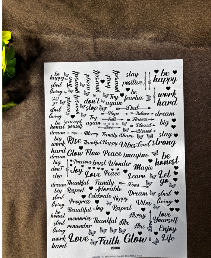 Transparent A4 sticker sheet with inspirational quotes, words, and decorative typography designs for crafts and resin art