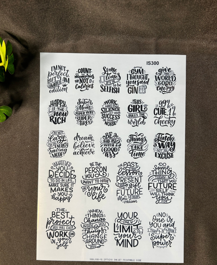 Transparent A4 sticker sheet with inspirational quotes, words, and decorative typography designs for crafts and resin art
