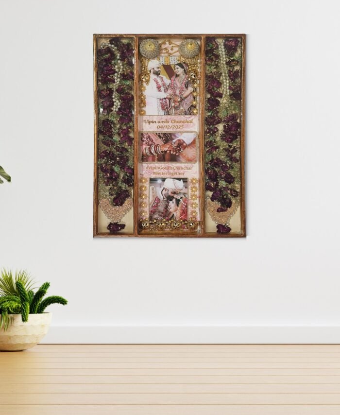 3 columns full varmala preservation frame with complete wedding garland preserved in epoxy resin, couple photos, pearls, and decorative elements in a wooden wall frame.