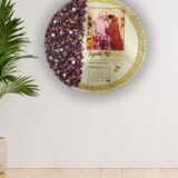 Round varmala resin frame with preserved wedding flowers, couple photo, calendar date, and pearl gold detailing
