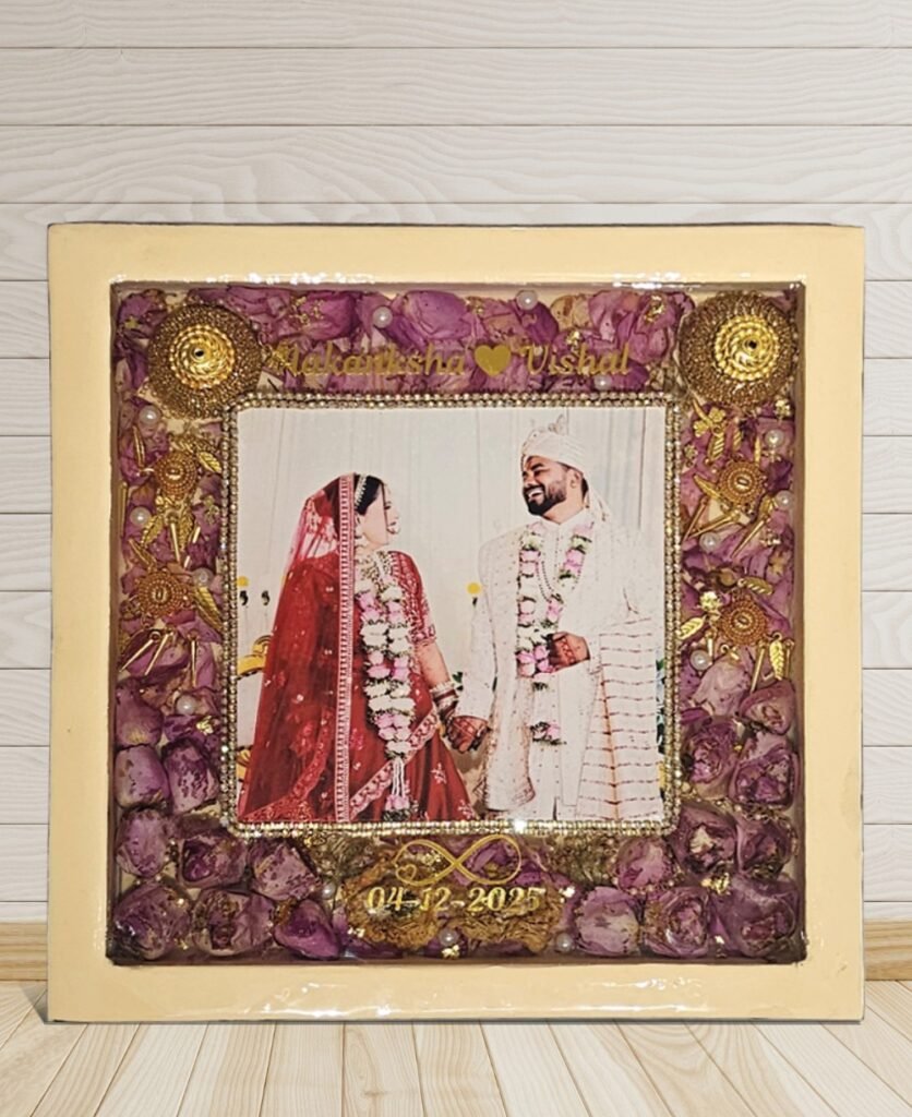 Varmala preservation resin frame with dried wedding garland flowers and personalized details
