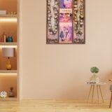3-column full varmala preservation frame with preserved wedding garland flowers, couple photos, pearls, and decorative elements set in epoxy resin wooden wall frame.