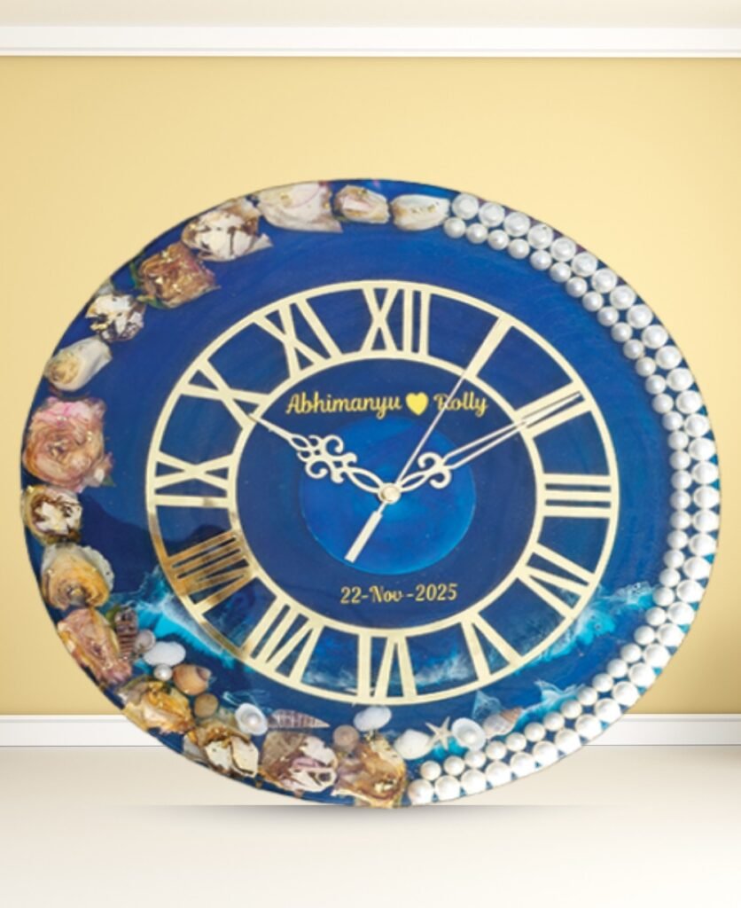 Handmade flower wall clock with real preserved flowers in clear resin and modern wall décor design
