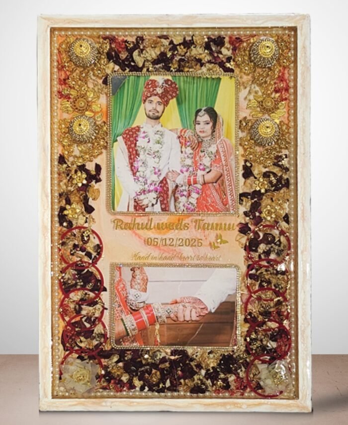 Jaimala preservation resin frame with preserved wedding garland flowers and customized couple details