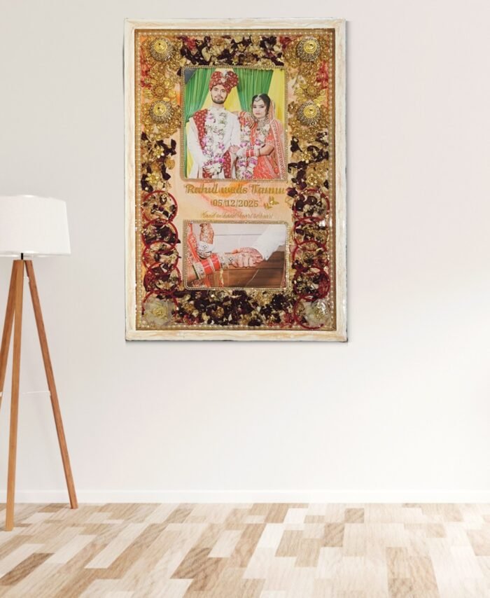 Jaimala preservation resin frame with preserved wedding garland flowers and customized couple details