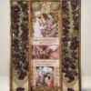 3 columns full varmala preservation frame with complete wedding garland preserved in epoxy resin, couple photos, pearls, and decorative elements in a wooden wall frame.