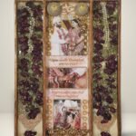 3 columns full varmala preservation frame with complete wedding garland preserved in epoxy resin, couple photos, pearls, and decorative elements in a wooden wall frame.