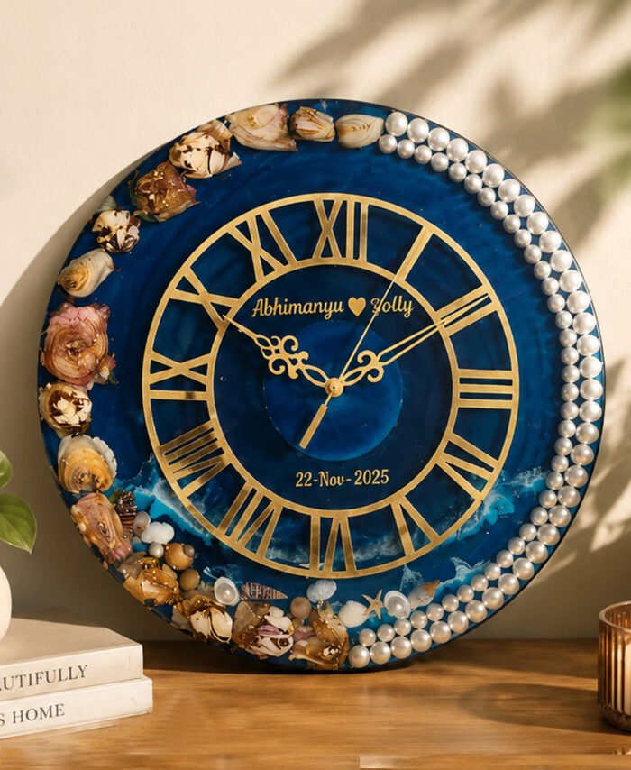 Handmade flower wall clock with real preserved flowers in clear resin and modern wall décor design