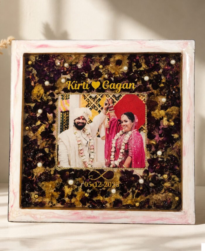 Wedding flower preservation resin frame with couple photo, preserved petals, pearl accents, and customized names and date