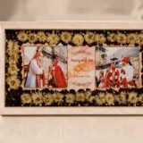 Wedding flower Varmala preservation frame with preserved flowers, couple photos, gold detailing, and personalized wedding date in resin wall frame