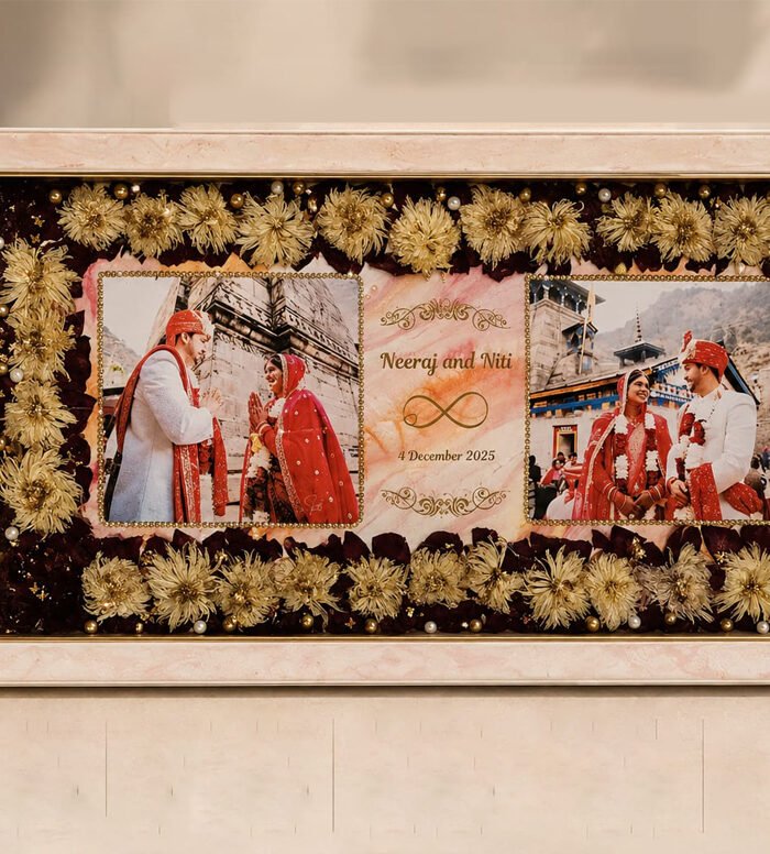 Wedding flower preservation frame with preserved flowers, couple photos, gold detailing, and personalized wedding date in resin wall frame