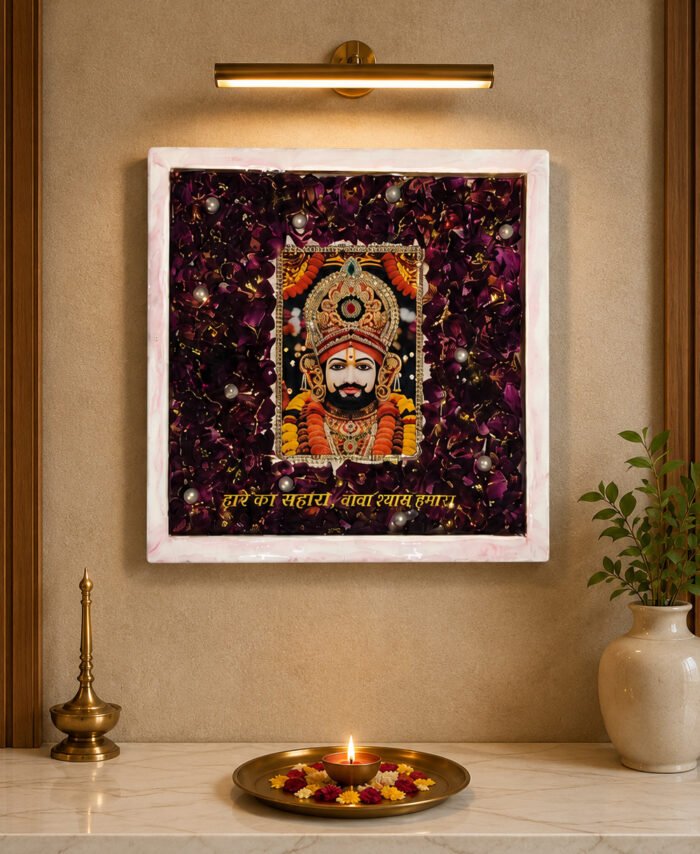 Rose petals preserved in resin khatu shyam frame with decorative pearls and central devotional artwork